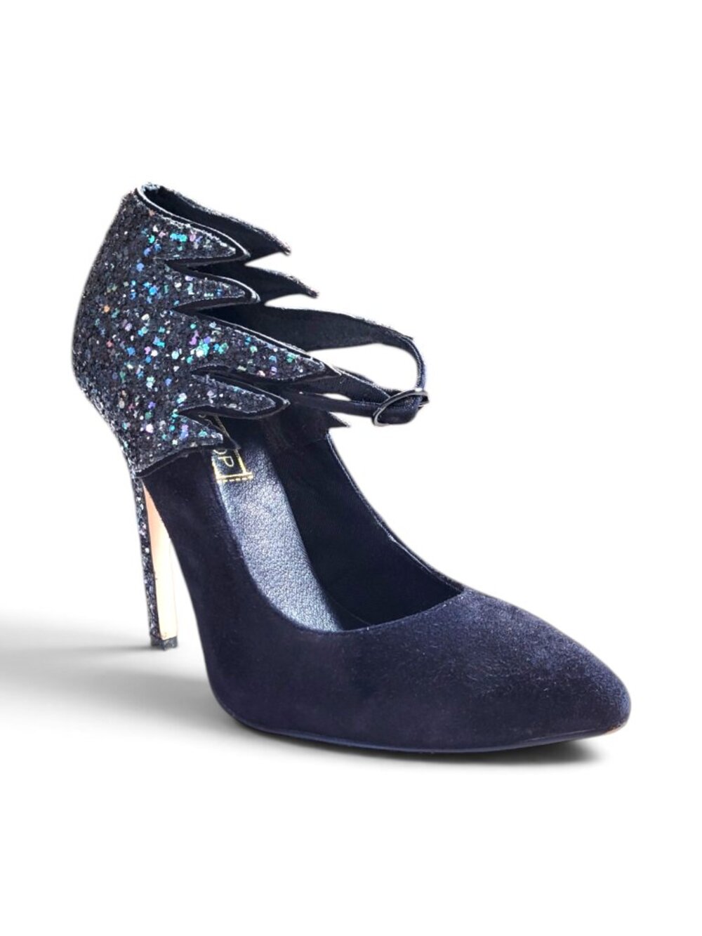 Topshop Black Suede Glitter Flame Wing Stilletto Heels